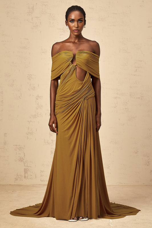 A long ocher maxi dress with offshoulder design featuring cutout details and ruched fabric Ludivine style