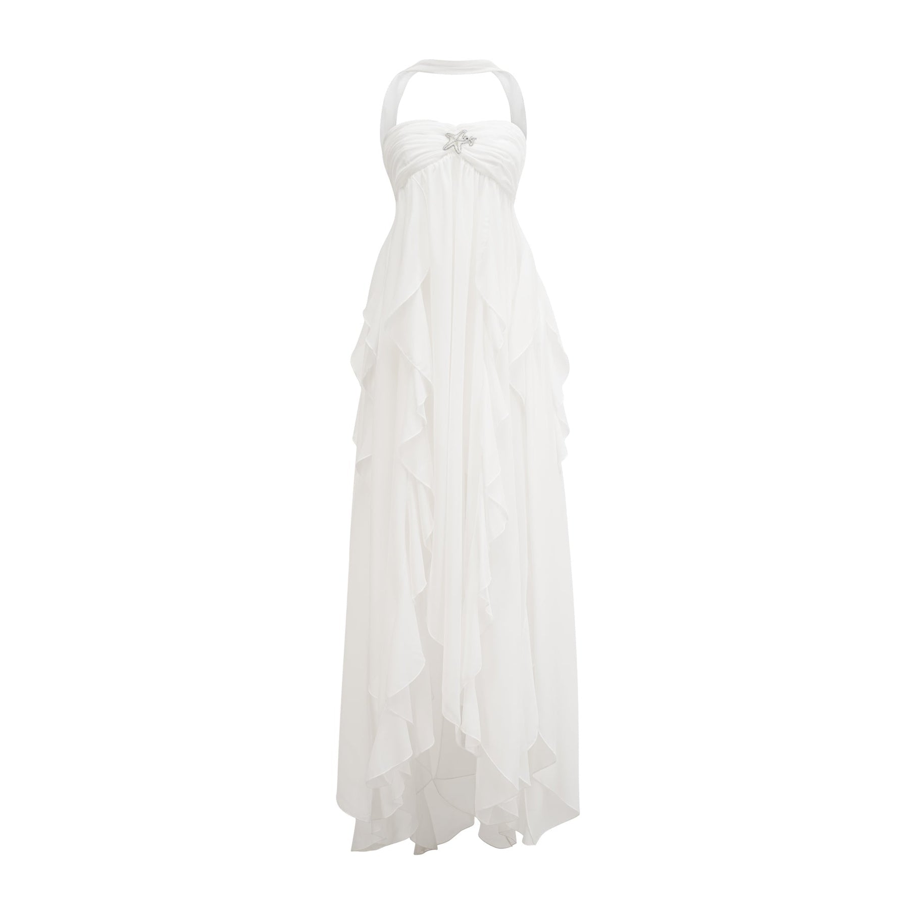 A long pink chiffon maxi dress with a halter neck and ruffled details worn by a model standing against a plain background