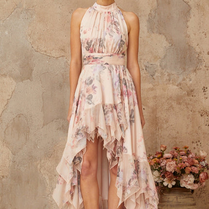 A long pink maxi dress with an asymmetrical hemline featuring a floral print pattern and a flowing silhouette
