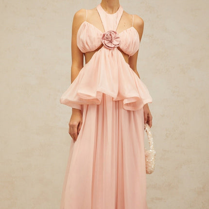 A long pink maxi dress with floral appliques and cutout details named Danae