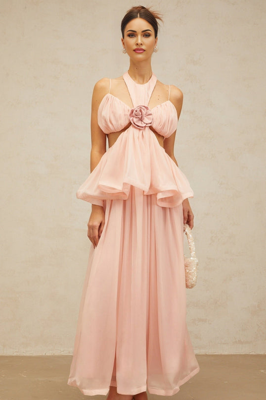 A long pink maxi dress with floral appliques and cutout details named Danae