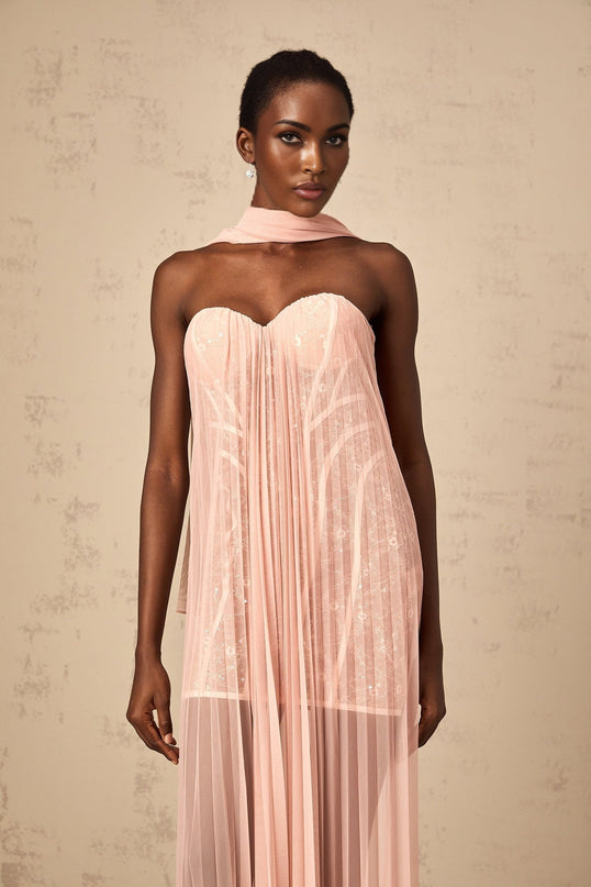 A long pink pleated tulle maxi dress with ribbon design details