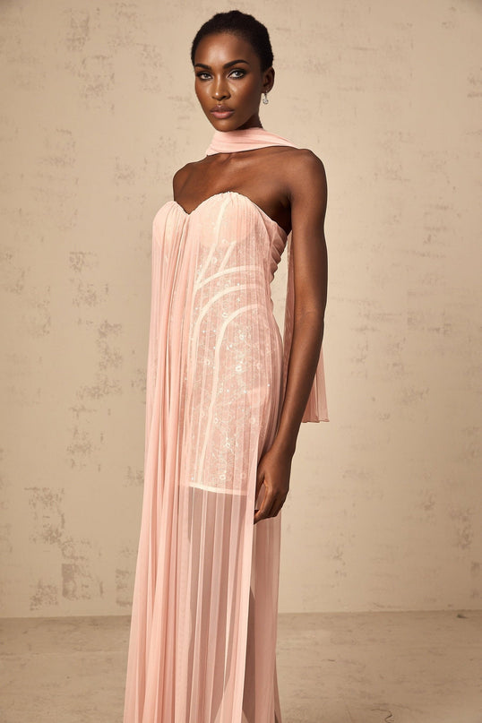 A long pink tulle maxi dress with pleats and ribbon design details worn by a model standing against a plain background