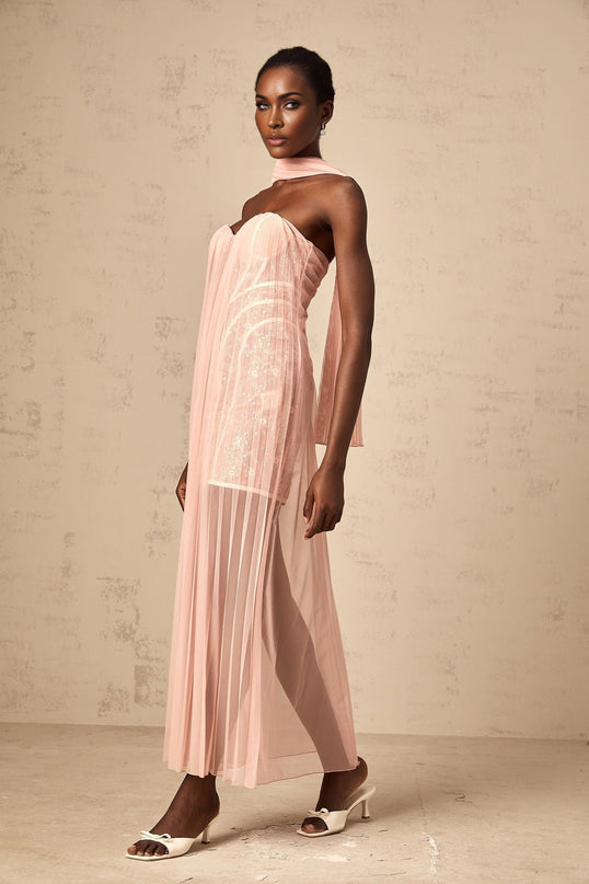 A long pink tulle maxi dress with pleats and ribbon details on a mannequin or model against a plain background