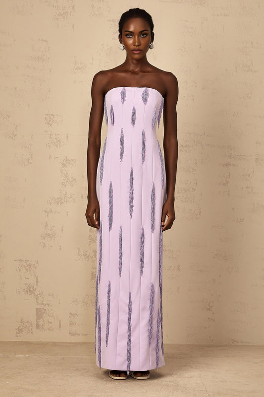 A long purple maxi dress with beaded fringe details named Émilie