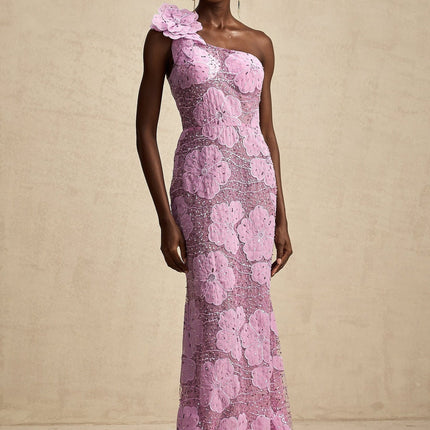 A long purple maxi dress with floral applique details named Beatrice