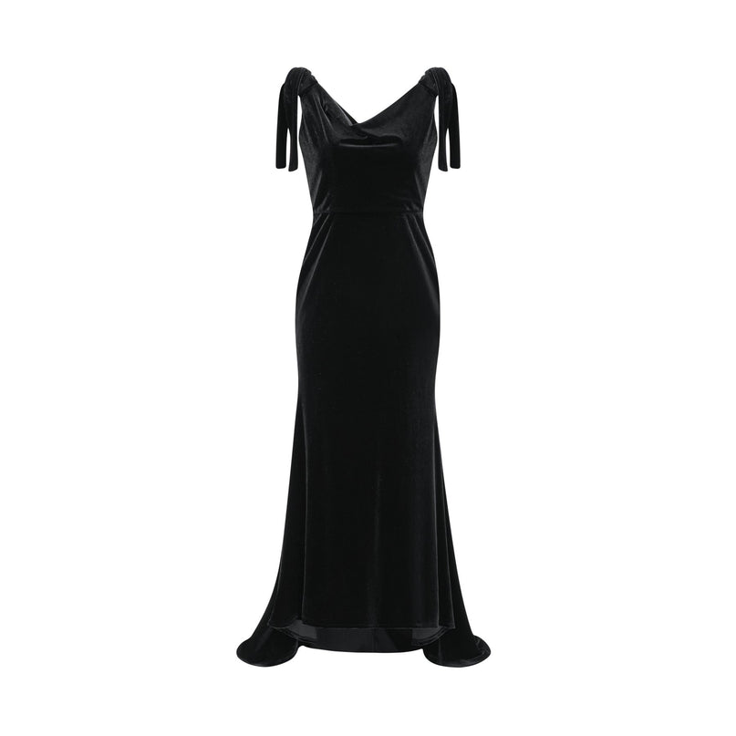 A long velvet maxi dress in dark color with embellishments and an open back design named Audrey