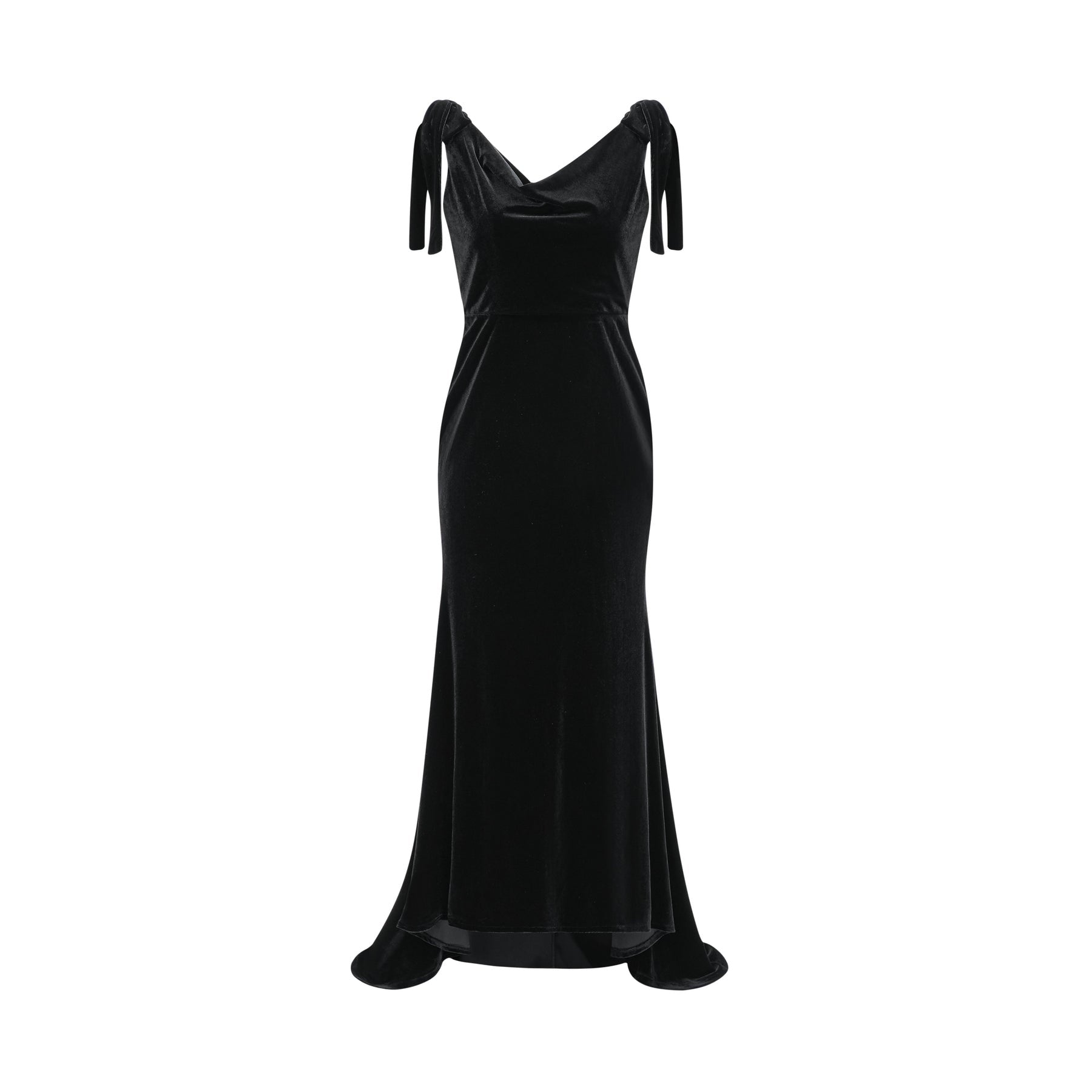 A long velvet maxi dress in dark color with embellishments and an open back design named Audrey
