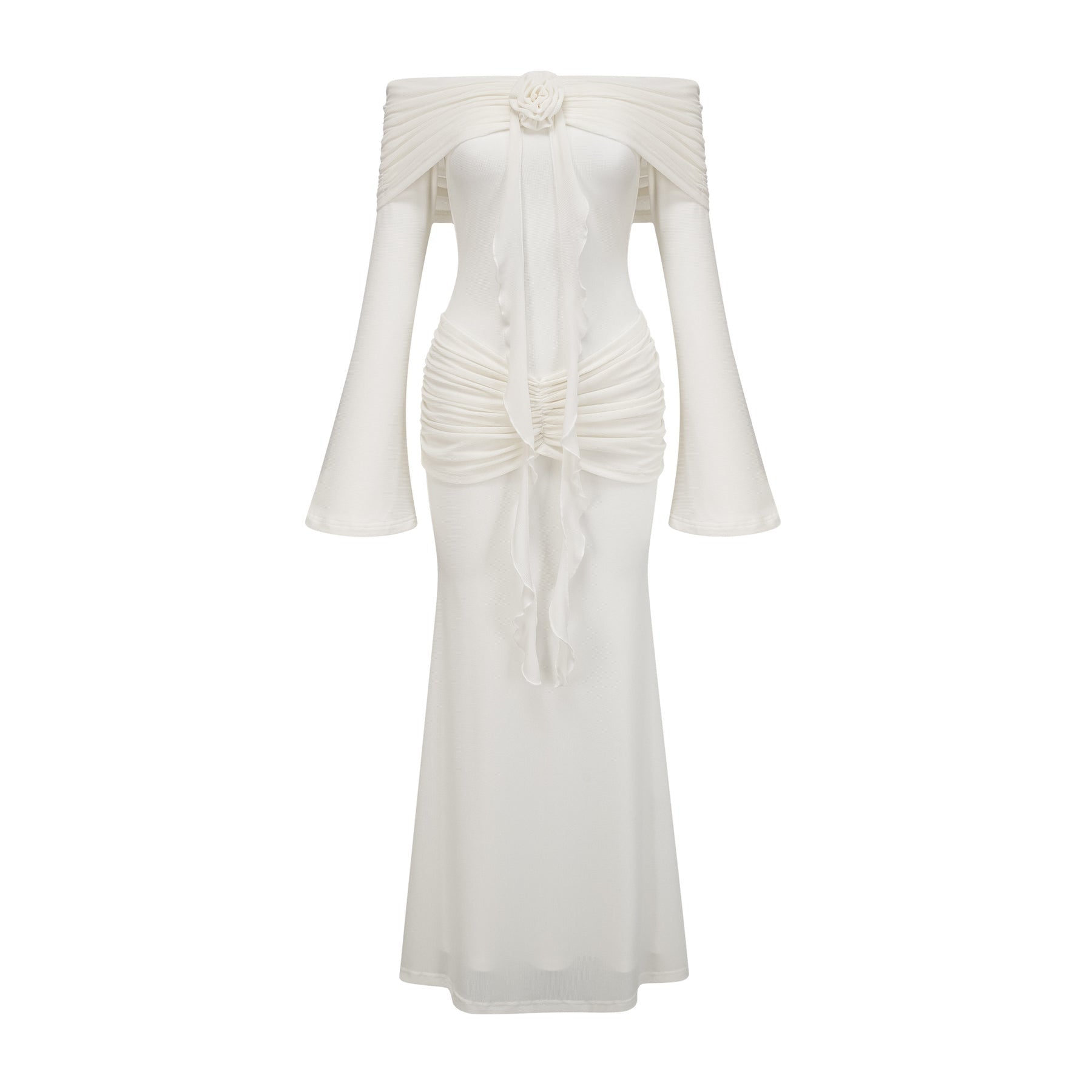 A long white knit maxi dress with glittered floral appliques adorning the fabric named Wanda