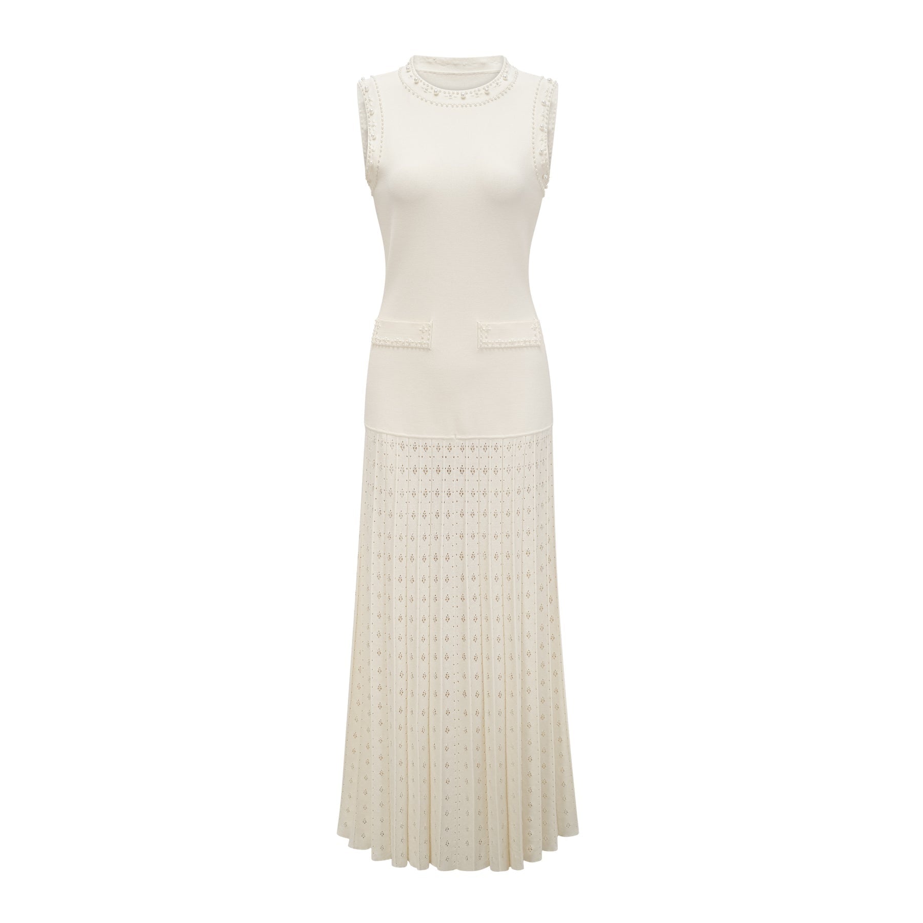 A long white knitted maxi dress with faux pearl embellishments
