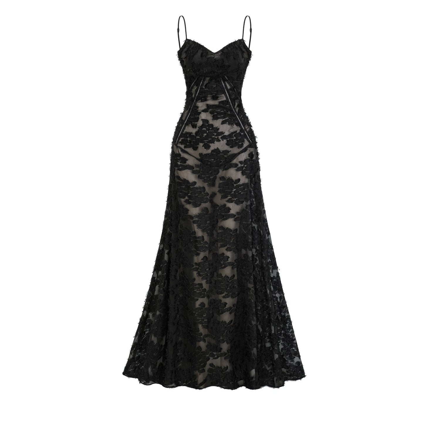 A long white lace maxi dress with floral patterns covering the entire garment featuring a high neckline and long sleeves