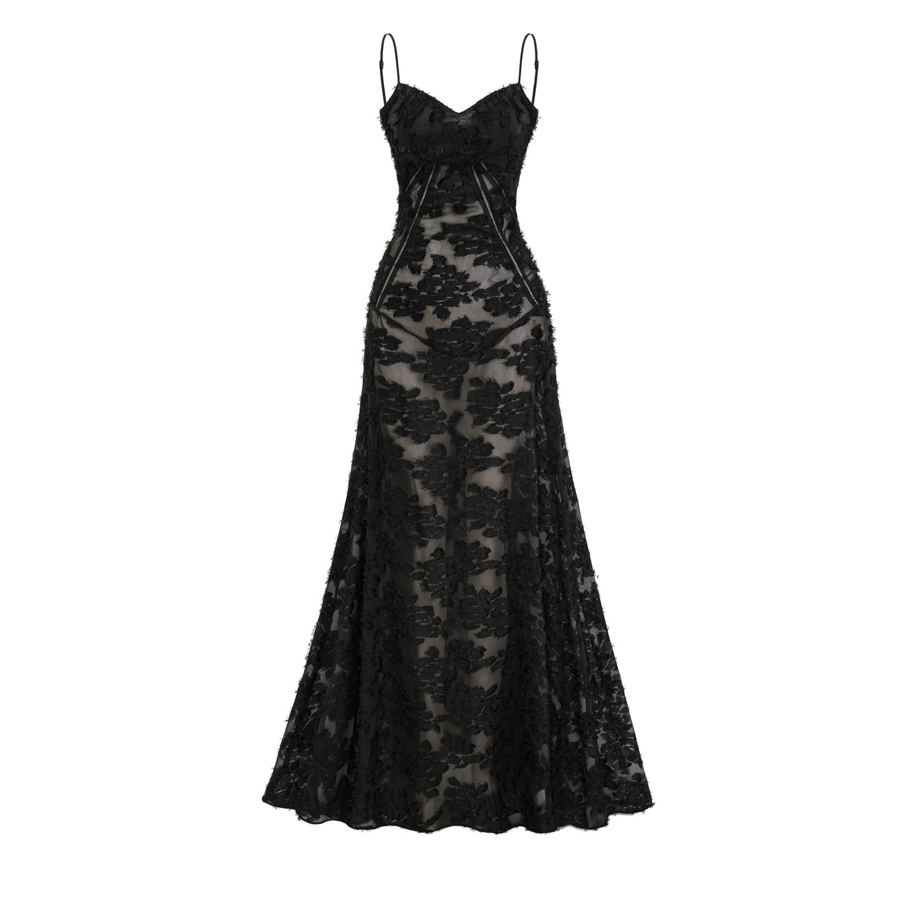 A long white lace maxi dress with floral patterns covering the entire garment featuring a high neckline and long sleeves