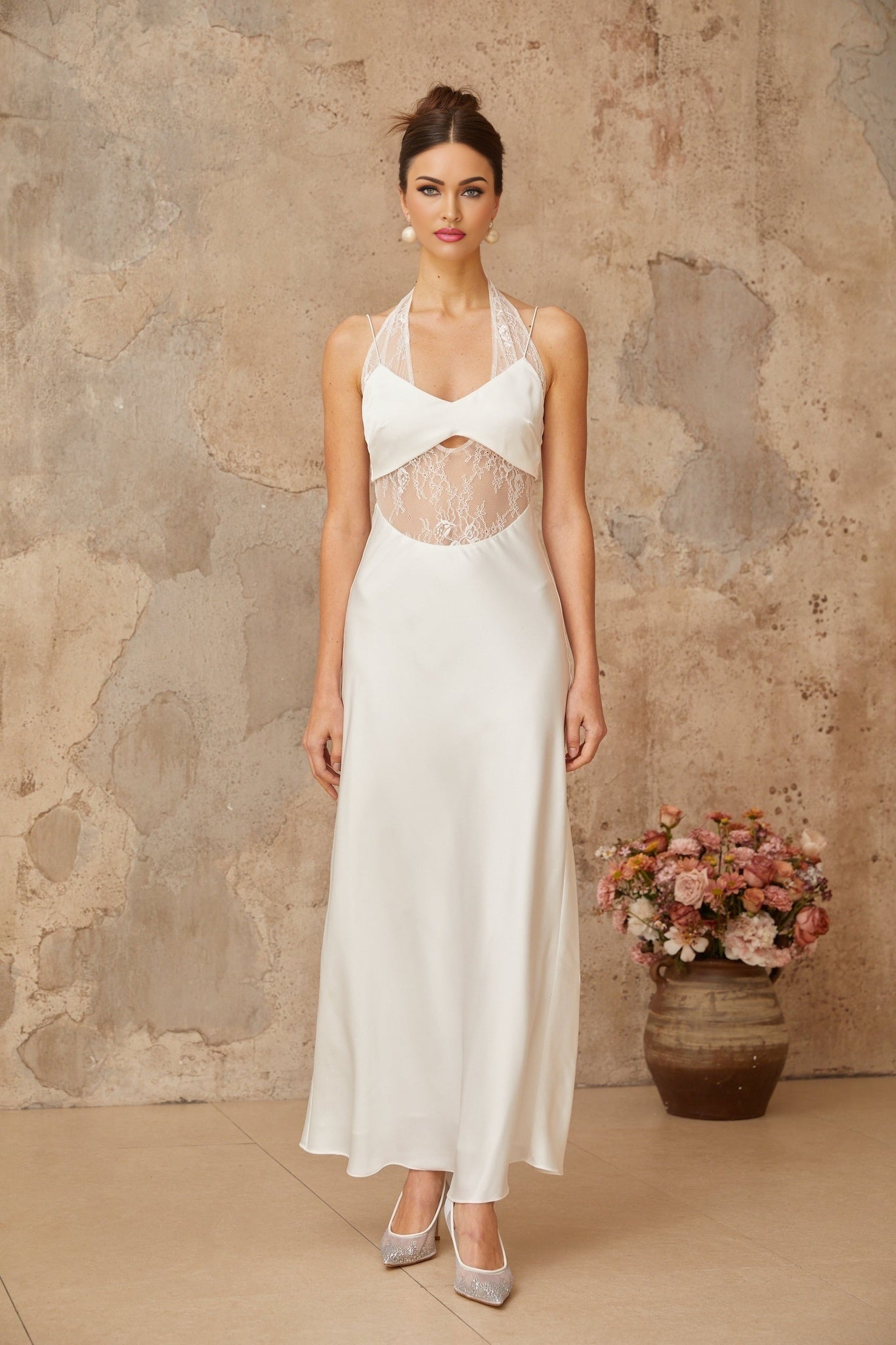 A long white satin maxi dress with lace panel details elegant formal gown with full length skirt
