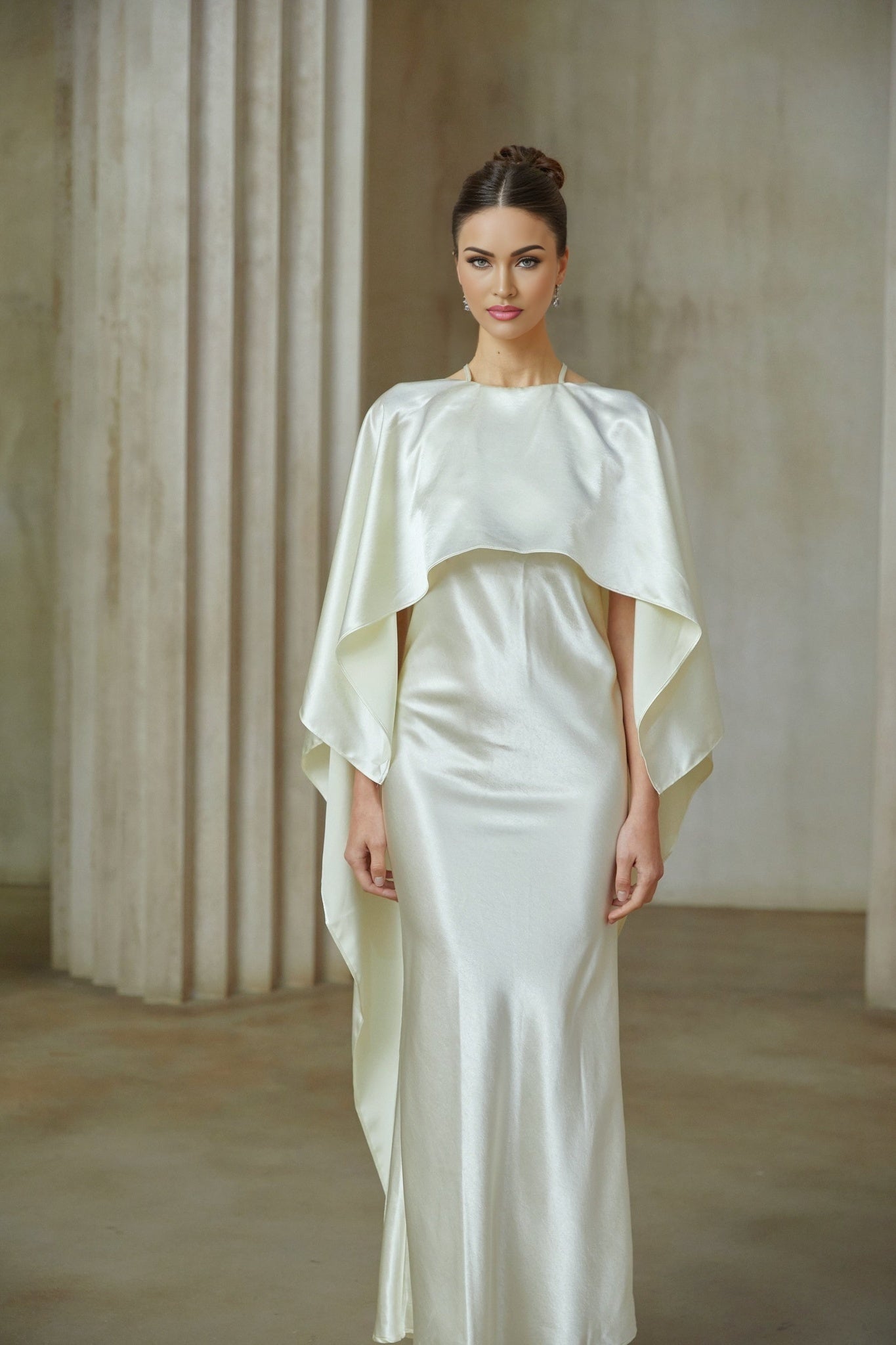 A long white satin maxi dress with shawl panel detail named Rosalie