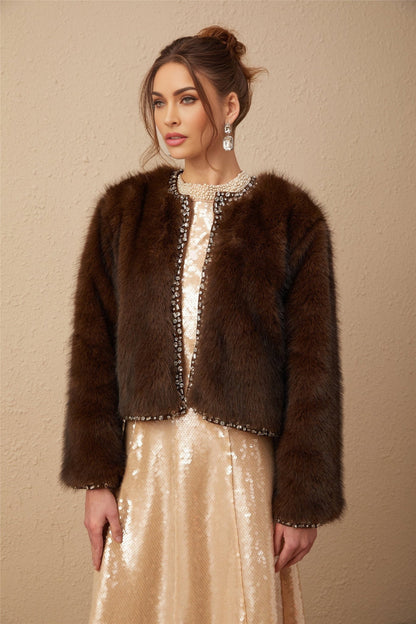 A luxurious ombre crystal faux fur coat with a gradient color effect showcasing the Solene brand