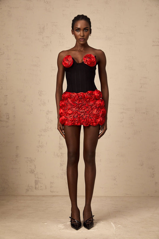 A matching set consisting of a red top and skirt with rose appliques the top is sleeveless and the skirt is knee length both pieces feature floral embellishments in a similar shade of red