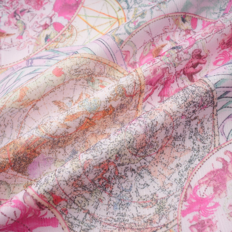 A matching set featuring a cherry pink shirt and skirt with a pattern print design