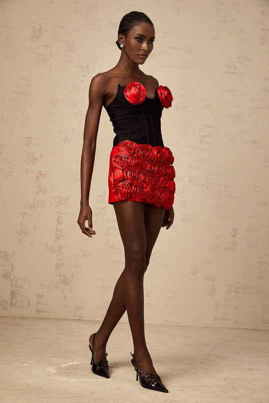 A matching set featuring a top and skirt in red with rose applique details named Heloise
