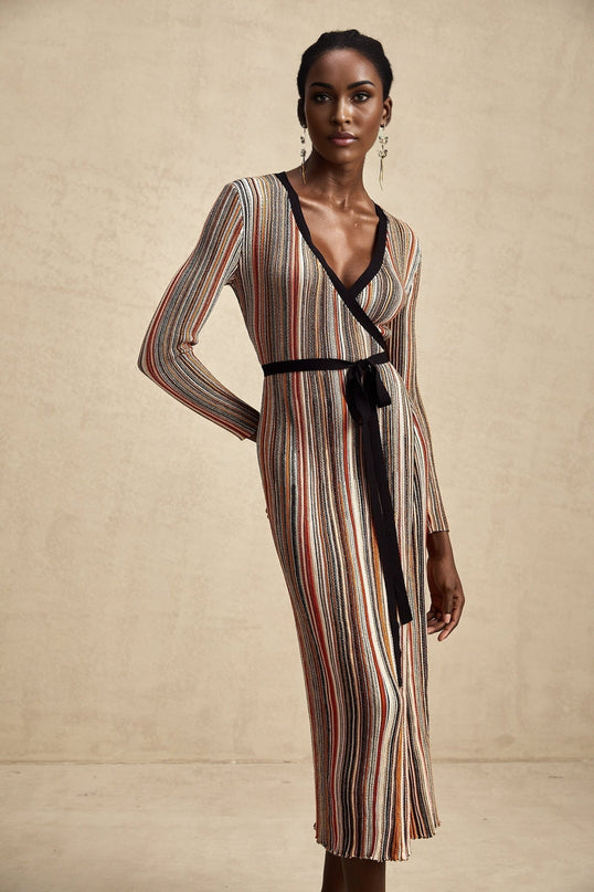 A metallic midi dress with a striped pattern and wrap design named Adele
