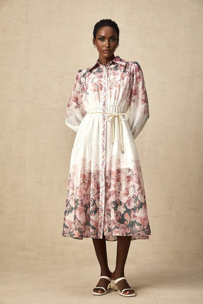A midi dress with a floral print pattern featuring lantern sleeves and a design called Carina