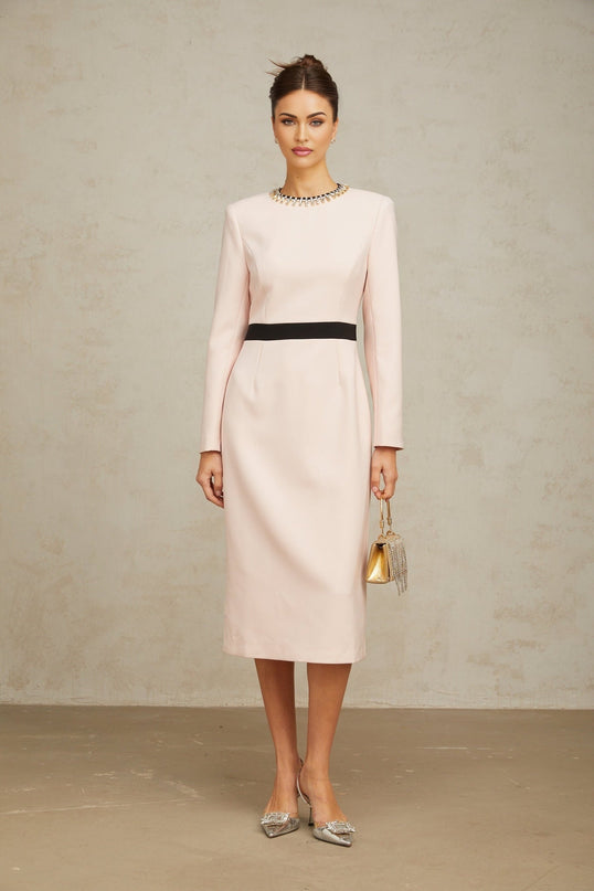 A midi dress with colorblocked design featuring pink and crystal tones Anais style with a sleek silhouette