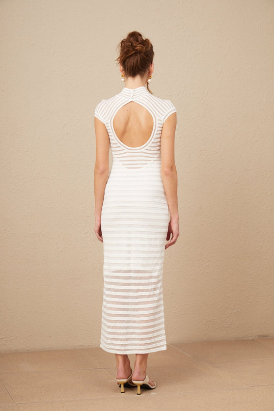 A midi dress with horizontal stripes in tulle fabric featuring a design inspired by the Josephine style