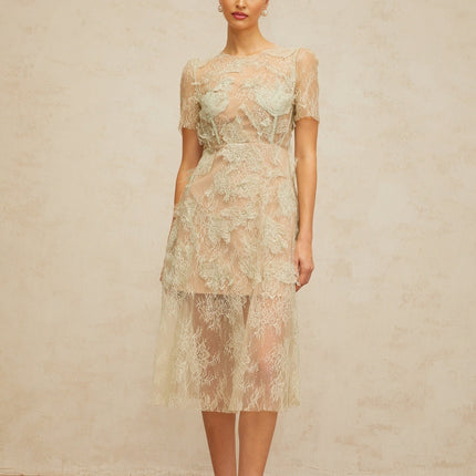 A mintgreen midi dress with floral lace pattern and feminine silhouette