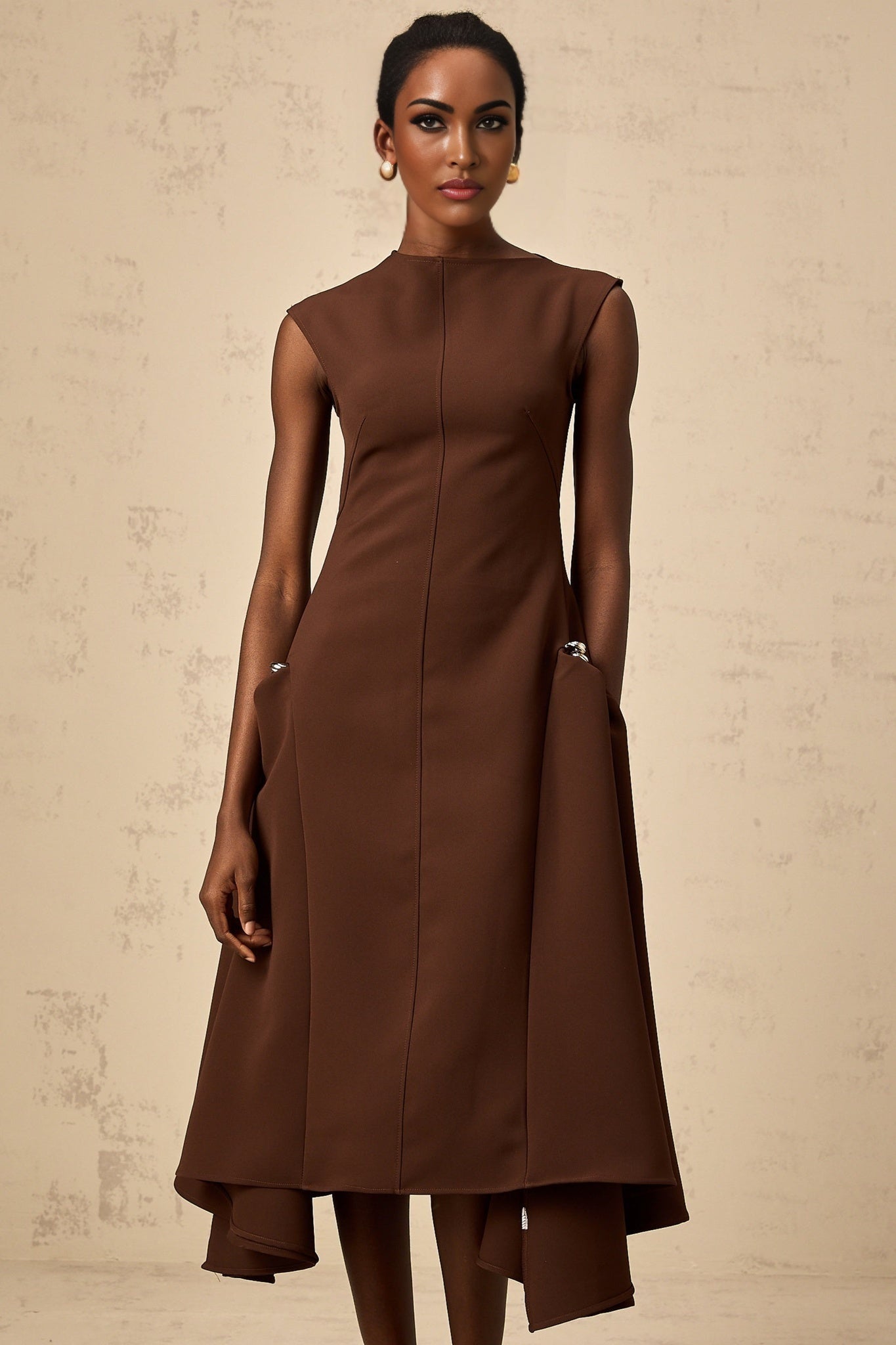 A model wearing a brown asymmetrical midi dress with a flowing skirt and fitted bodice