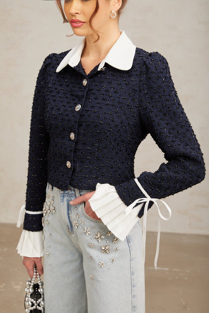 A navy blue tweed jacket with panelled design details named Doriane