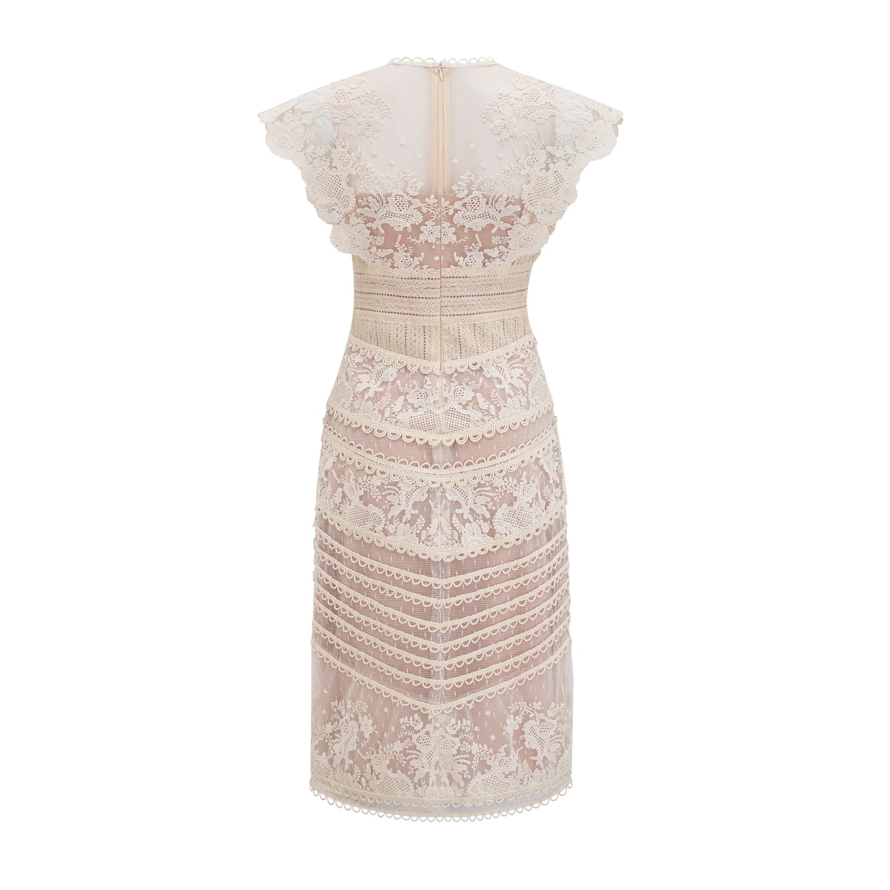 A neutralcolored midi dress with floral embroidery and lace detailing named Fleur