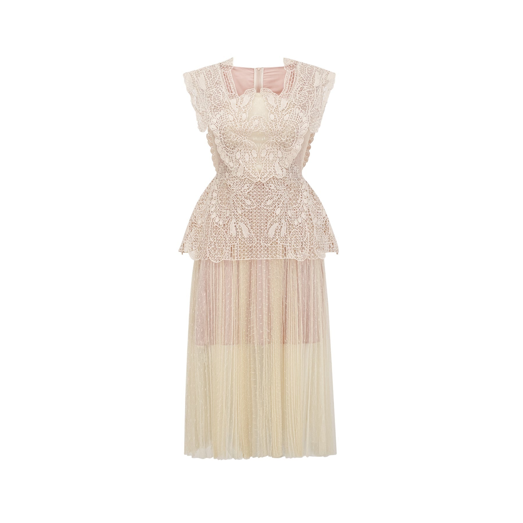 A neutraltoned midi dress with floral lace paneling and tulle fabric featuring a delicate and feminine design
