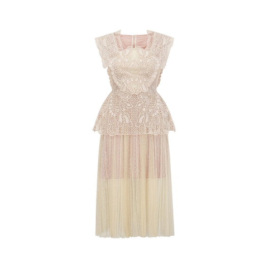 A neutraltoned midi dress with floral lace paneling and tulle fabric featuring a delicate and feminine design