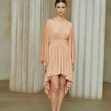 A pink asymmetrical midi dress with pleated details featuring a flowing skirt and sleek silhouette
