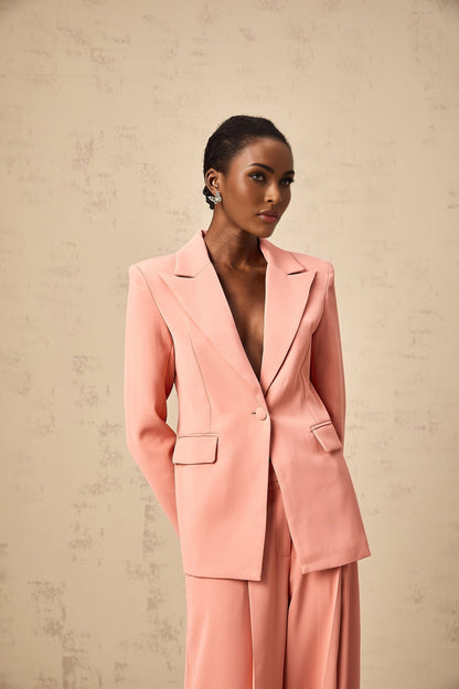 A pink blazer and trouser set with embroidery details and cutout design The blazer features a tailored silhouette while the trousers are sleek and fitted Both pieces have delicate embroidered patterns and strategic cutouts for a stylish matching ensemble