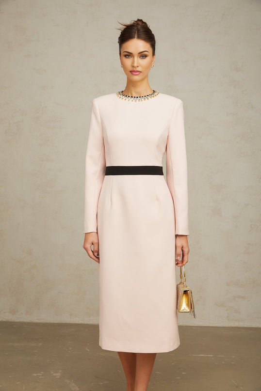 A pink crystal midi dress with colorblocked design featuring the Anais style
