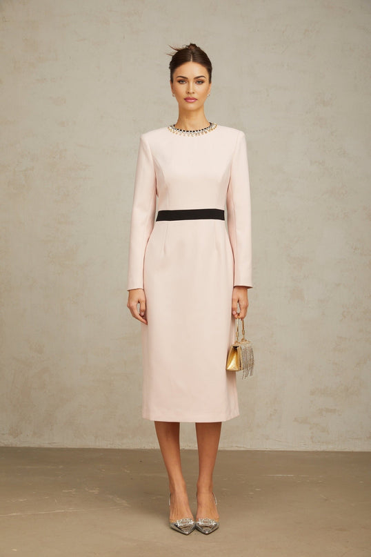 A pink crystal midi dress with colorblocking design featuring the name Anais