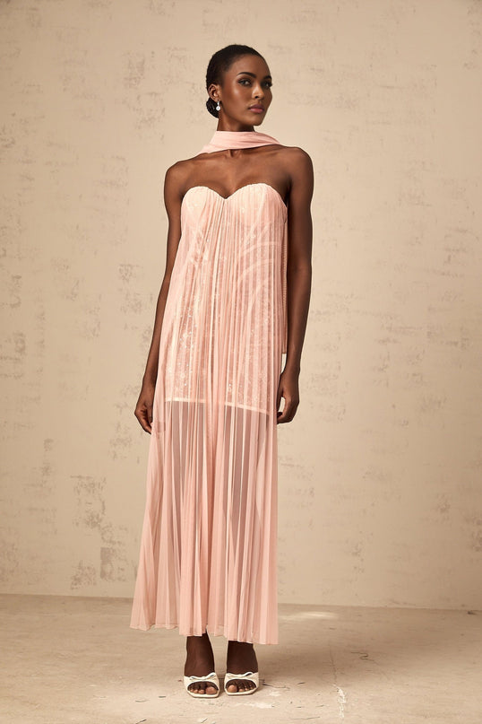 A pink maxi dress with pleated tulle fabric and ribbon design details flowing full length skirt and feminine silhouette