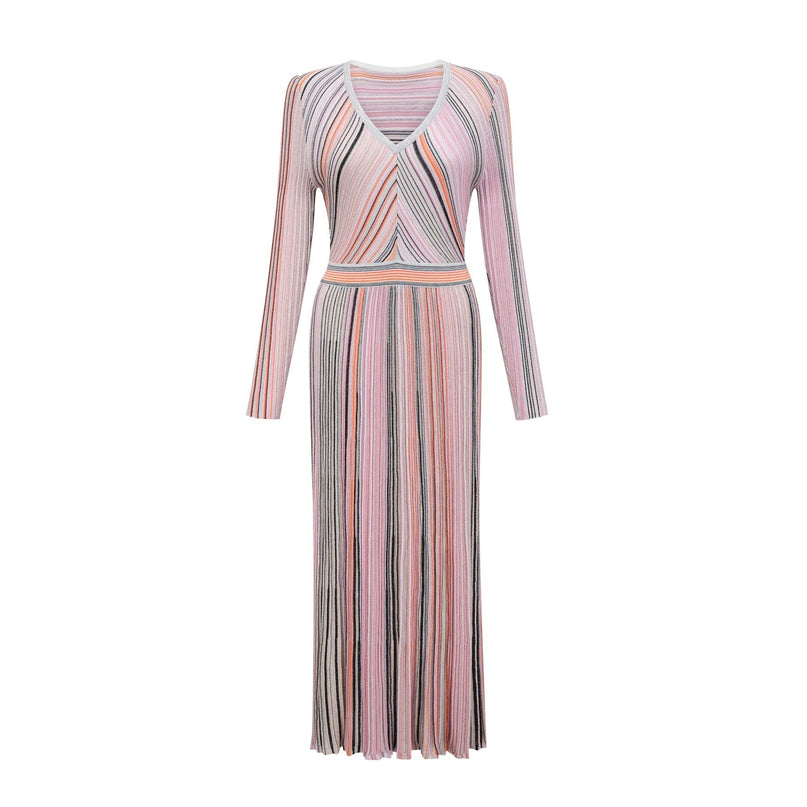 A pink metallic midi dress with pleated fabric and a flowing silhouette named Mathilde