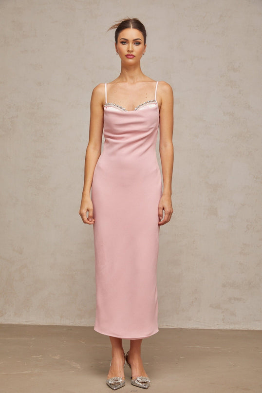 A pink midi dress with a corsetstyle bodice featuring crystal embellishments named Josephine
