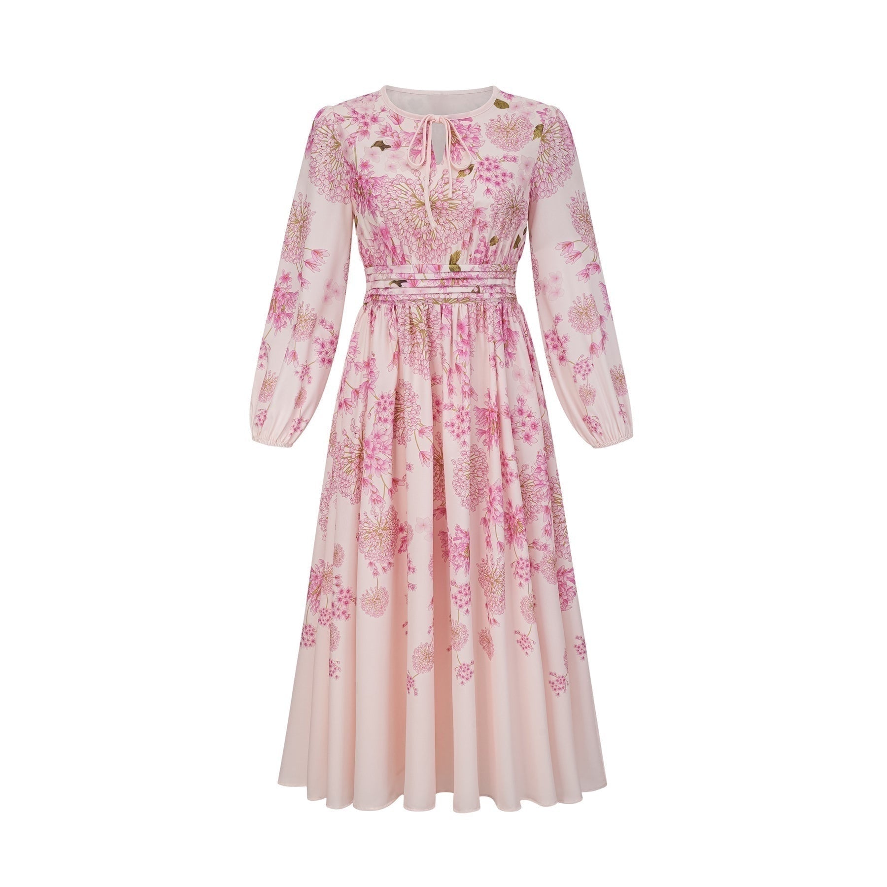 A pink midi dress with a floral print pattern covering the fabric named Yvette