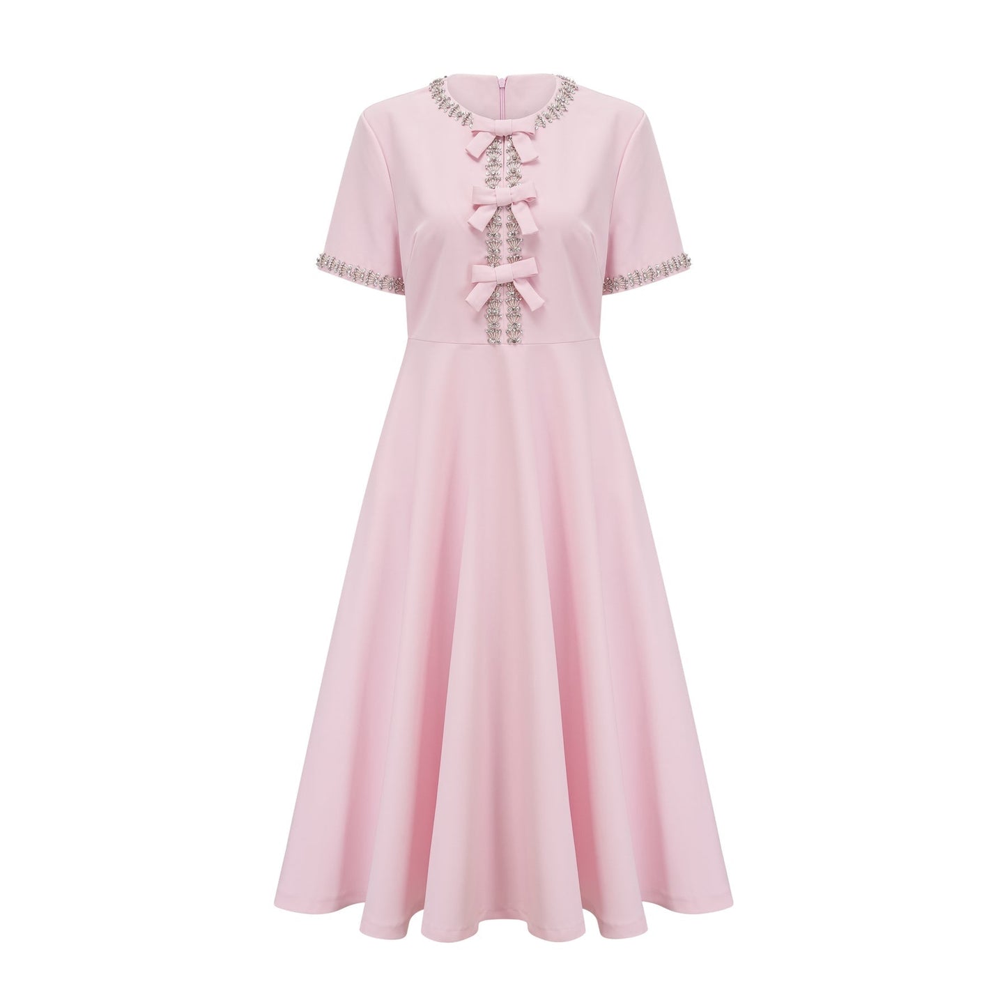 A pink midi dress with a large bow detail adorned with crystal accents named Cassiopeia