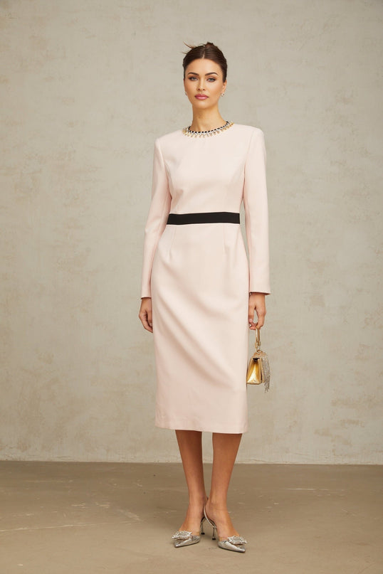 A pink midi dress with crystal embellishments and colorblocked design featuring the name Anais