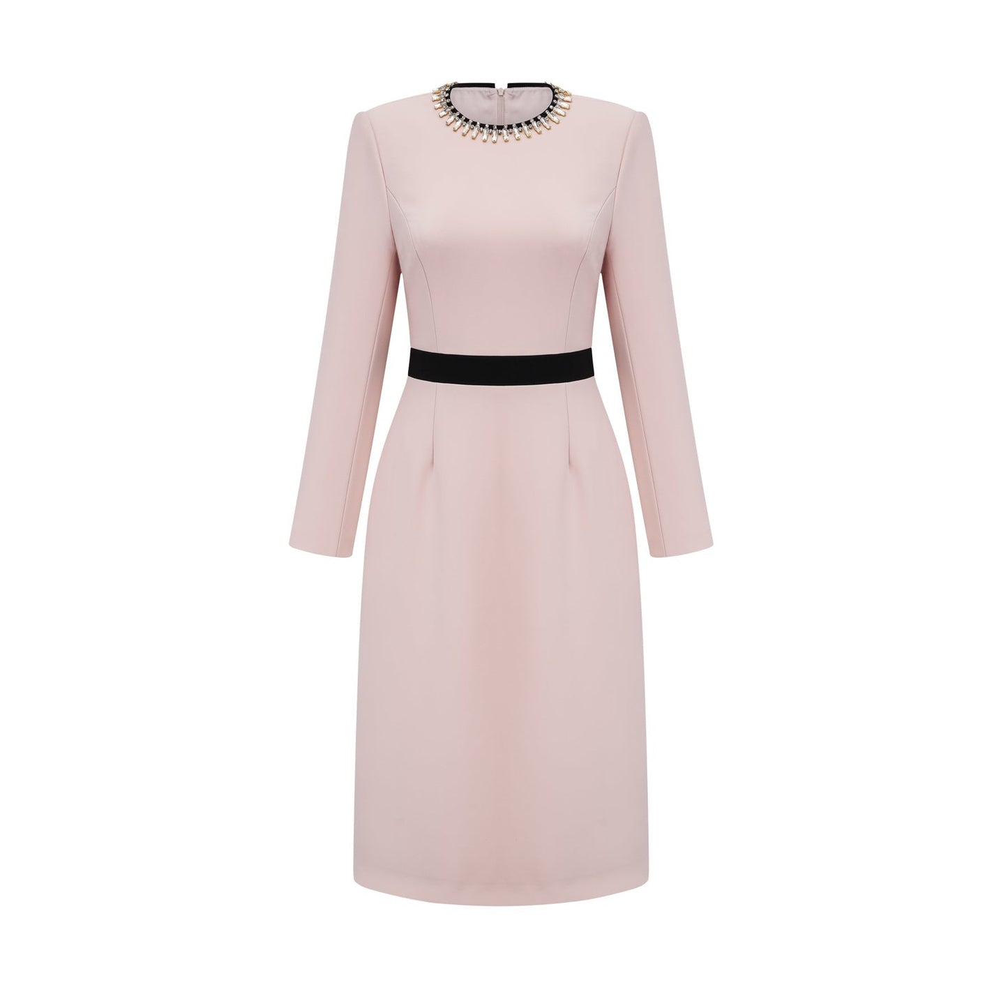 A pink midi dress with crystal embellishments and colorblocked design featuring the name Anais