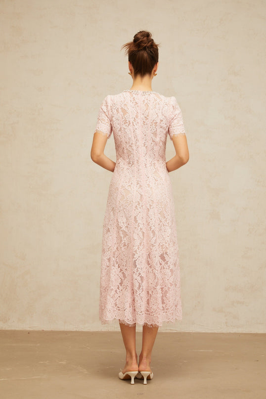 A pink midi dress with floral lace pattern and embellishments worn by a model against a plain background
