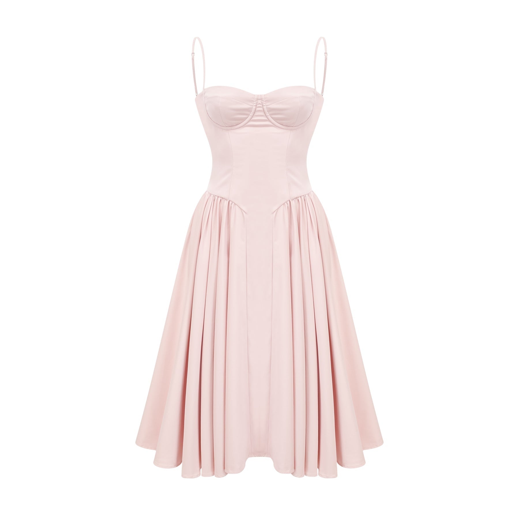 Pink sleeveless bustier dress with spaghetti straps pleated design flared skirt side inset pockets rear zip fastening midi length % poly % viscose blend for comfort and breathability