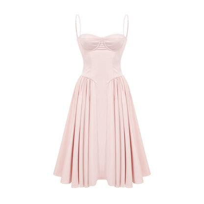 Pink sleeveless bustier dress with spaghetti straps pleated design flared skirt side inset pockets rear zip fastening midi length % poly % viscose blend for comfort and breathability