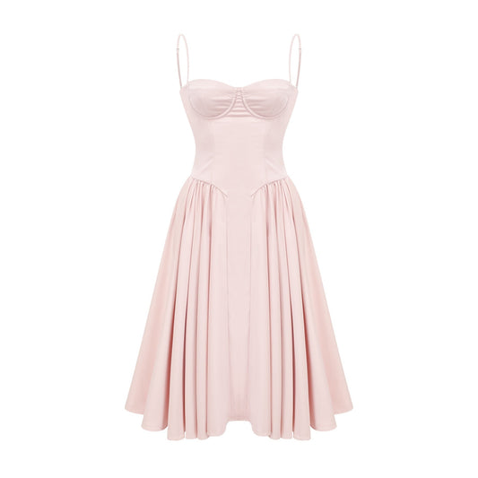 Pink sleeveless bustier dress with spaghetti straps pleated design flared skirt side inset pockets rear zip fastening midi length % poly % viscose blend for comfort and breathability