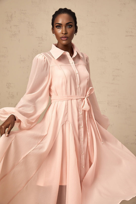 A pink midi shirt dress with a tied waist detail named Sibylle