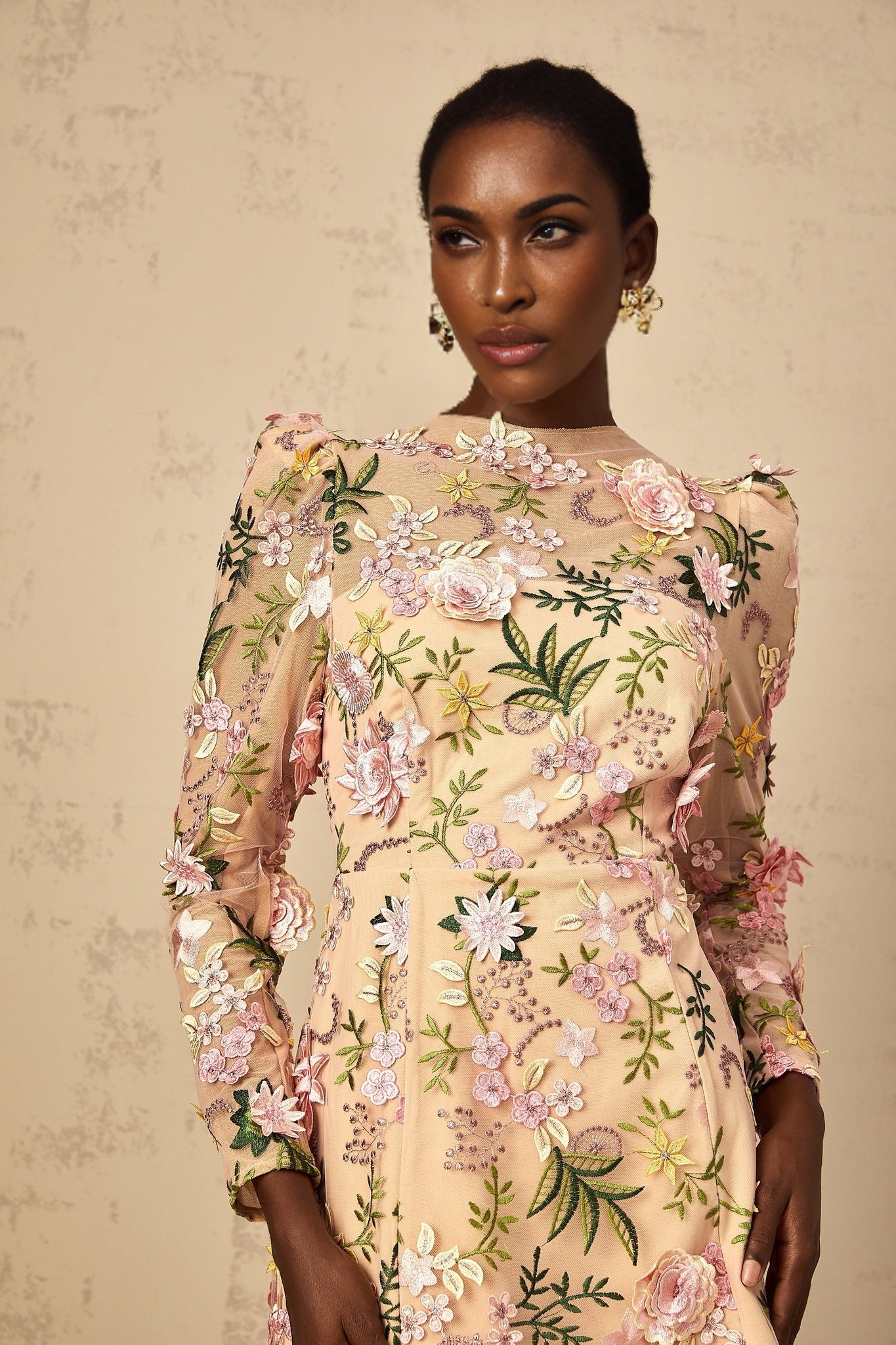 A pink mini dress with 3D floral applique details named Jolien