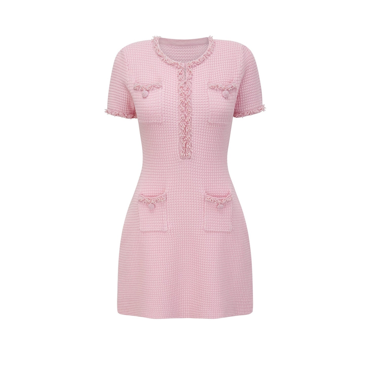 A pink mini dress with a knit fabric adorned with beaded embellishments featuring a feminine and elegant design